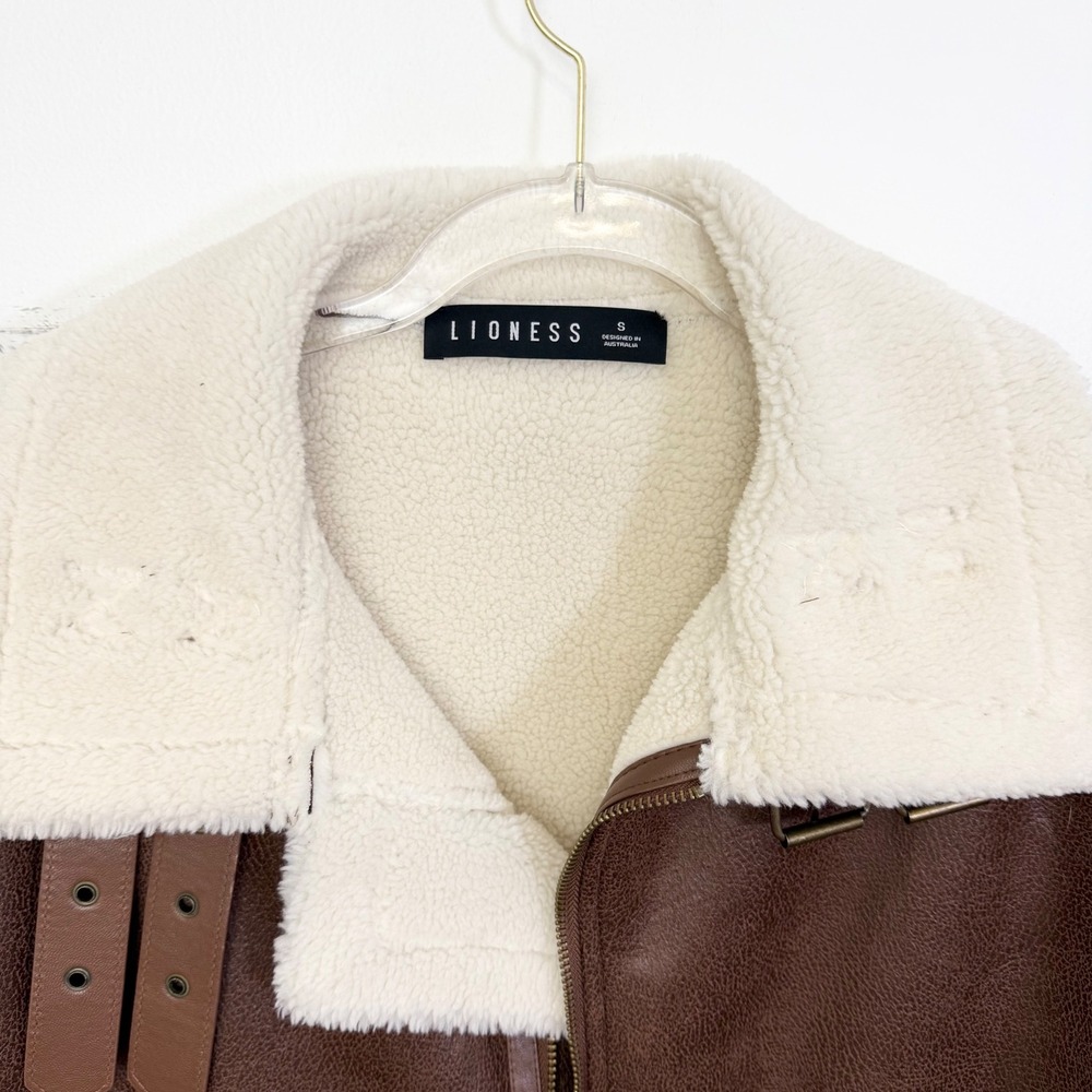 Lioness Heiress Brown Vegan Leather Sherpa Aviator Jacket Size S - Picture 4 of 6